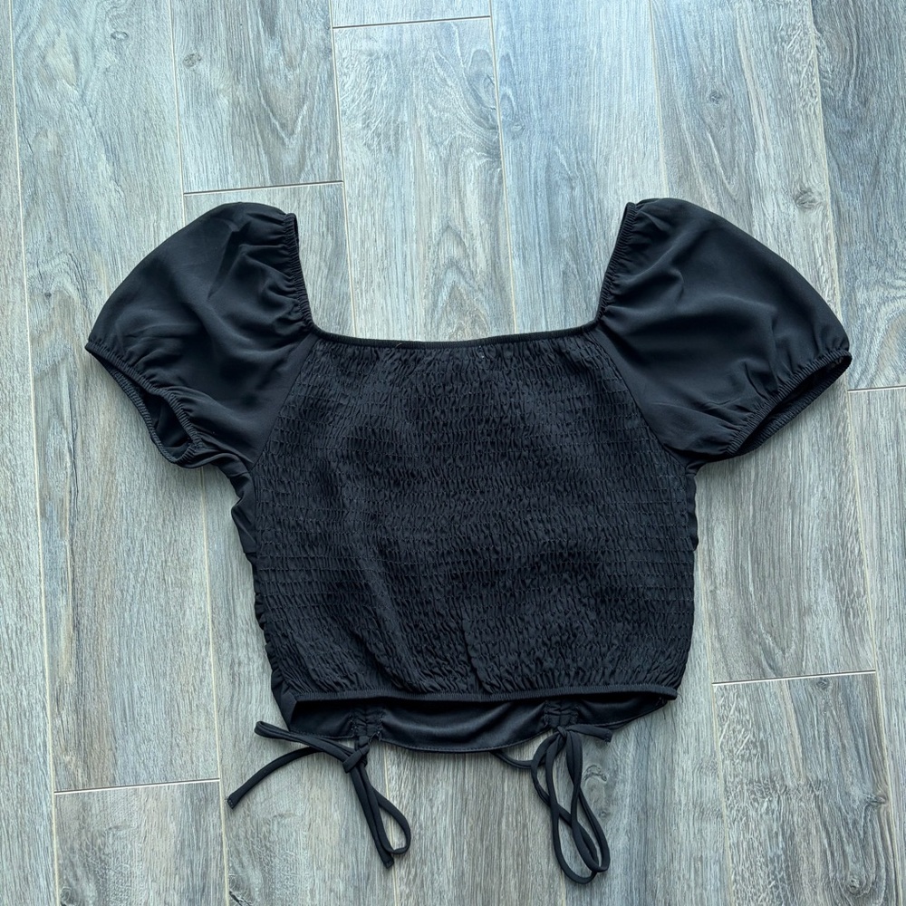 ACTIVE USA Black Peasant Sleeve Mesh Squareneck Top - Picture 5 of 6